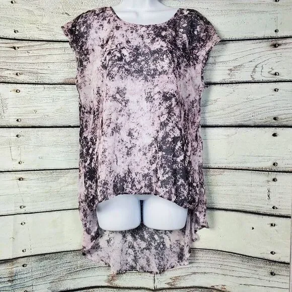 Eyeshadow Women’s High-Low Tunic Top Size M Pink Black Marble Sheer Cap Sleeve B - Picture 1 of 6